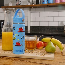 Tiddlers & Nippers Vacuum Insulated Double Wall Kids Water Bottle Stainless Steel Water Bottle with Leakproof Straw 500ml Keeps Cool for 24 Hours and Warm for 10 Hours (Excavator and Truck)