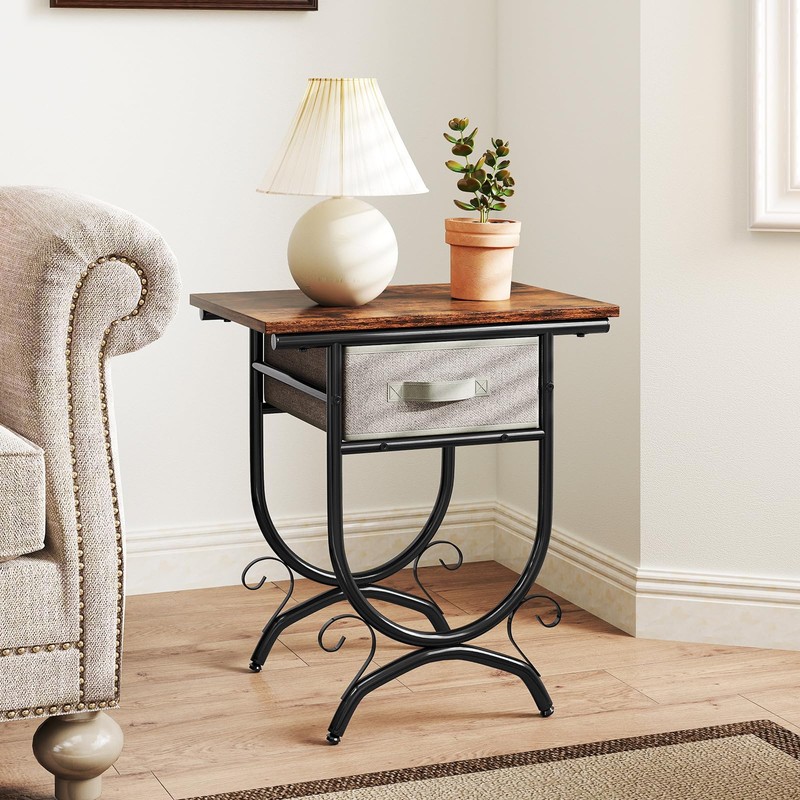 Tangkula Nightstand with Fabric Drawer, Industrial 2-Tier Bedside Table with