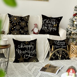 Artoid Mode Fireworks Cheers Black and Gold 2025 Happy New Year Cushion Covers Set of 4, 45x45 cm Decorative Pillow Case Cover Sofa Living Room Decor