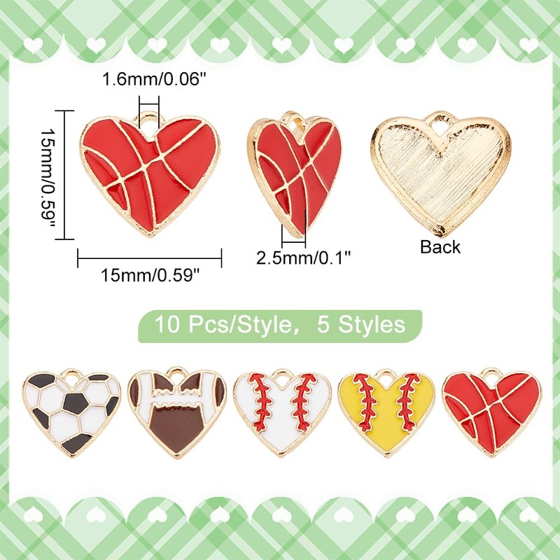 PH PandaHall 50pcs 5 Styles Sports Charms, Enamel Heart Ball