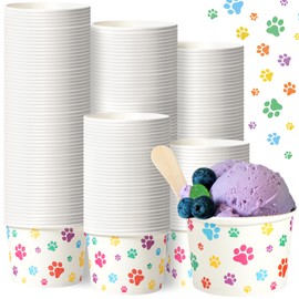 200 Count 8 oz Paper Ice Cream Cups Disposable Sundae Cups Dog Paw Party Favors Dessert Bowls Dog Paw Yogurt Picnic Cups for Hot Soup Snack Treat Fruits Food Birthday Party Decoration (Black, White)
