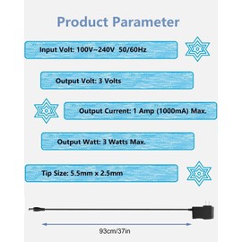 3V 1A Power Adapter Supply 3W AC/DC Adapter 100-240V 50/60Hz to DC 3V 1A Power Supply Transformer with 5.5mm x 2.5mm US Plug for Mini Fan Speaker Electric Toothbrush Fountains etc.