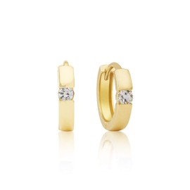 MAX + STONE 14k Yellow Gold Round Created White Sapphire Small Huggie Hoop Earrings for Women with Channel Set and 2.5mm April Birthstone