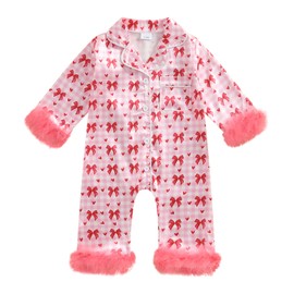 Kuriozud Baby Girl Silk Stain Pajamas Feather Cuffs Romper One-Piece Jumpsuit Pjs Long Sleeve Lapel Button Down Nightgown (Pink Bow&Plaid, 3-6 Months)