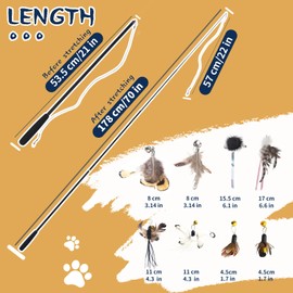 LELE LIFE 70'' Ultra Long Cat Wand Toy for Full Fun, Interactive Cat Toys for Indoor Cats Kitten, 2Pcs Retractable Flexible Poles and 8Pcs Cat Feather Toys Bell Teaser Refills, 2Pcs String Refills