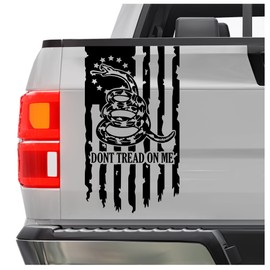 Graphics Dont Tread On Me Gadsden Flag Distressed American USA US Flag Truck Tailgate Vinyl Decal Compatible with Most Pickup Trucks Rattlesnake Decal (10" x 18", Black)