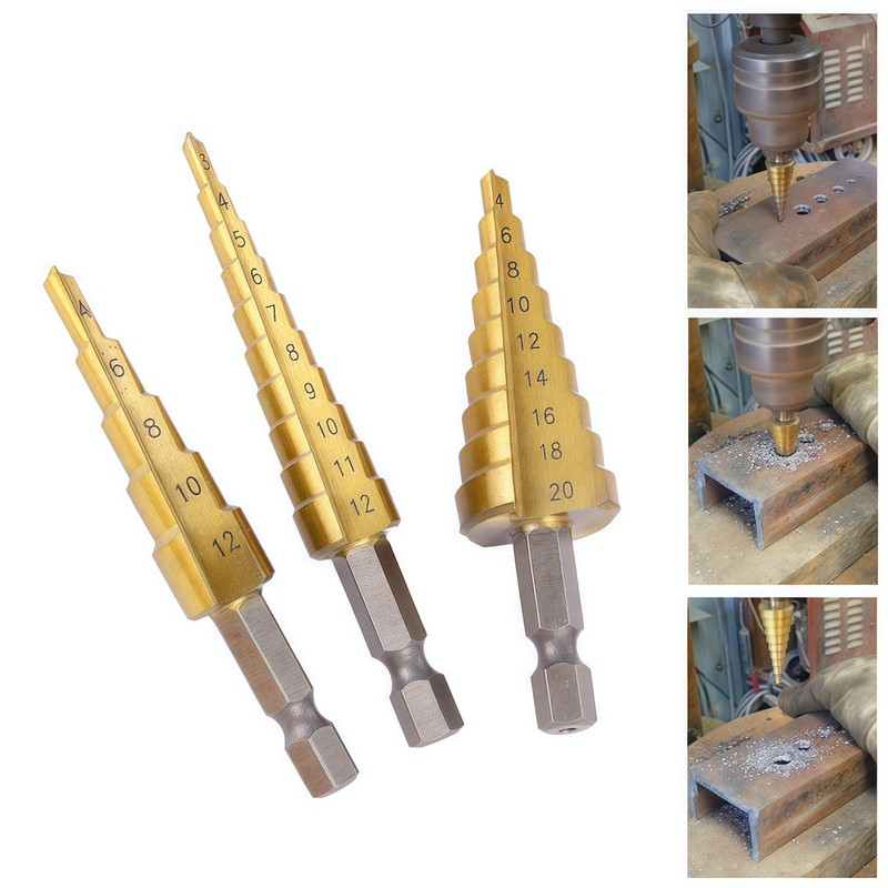 Step Drill Bit Set with 1/4-inch Hex Shank Titanium HSS