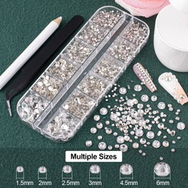 Flat Back Rhinestones&Pearls Kits Round Glass Crystal Transparent White Gems+White Pearls With Quick Dry Makeup Glue+Picker Pencil+Tweezer For Nail Art And Face Eye Body Make-up