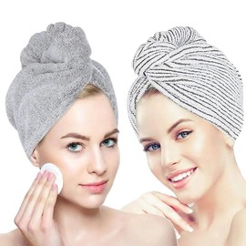 Hair Towel Wrap, 2 Packs Microfibre Hair Turbans for Fast Drying, ldeal for Travel, Curly Wet Hair (Gray+Stripe)