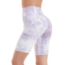 iniber - Pantalones cortos de motociclista para mujer, con bolsillos, cintura alta, entrenamiento, yoga, elastano, suave, atlético, para bicicleta, para correr, Púrpura, blanco, M