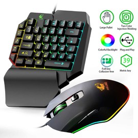 FELiCON One Handed Gaming Keyboard and Mouse Combo, Rainbow Backlit 39 Keys Portable Small Mechanical Feel Keyboard with Wrist Rest Support, RGB Backlight 6 Buttons Adjustable Mice for PC Gamer