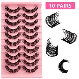 Cluster Lashes False Eyelashes Individual D Curl Russian Strip Lashes Fluffy Wispy DIY Eyelash Extension Natural Look Reusable lashes Handmade Thick Soft Dramatic Fake Eyelashes 10 Pairs (DD05-16)