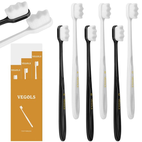 VEGOLS Adult Extra Soft Toothbrush with 20000 Soft Bristles, (Pack of 6) Micro Nano Manual Toothbrushes for Protect Sensitive Gums, Black/White
