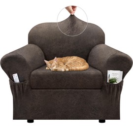 Pfrstuv Chair Slipcover with Armrest Pockets 2-Piece Set, Stretch Faux Leather Chair Cover for Armchairs(Fits 31-45") - Non-Slip, Machine Washable, Pet & Kid Friendly - Light Brown