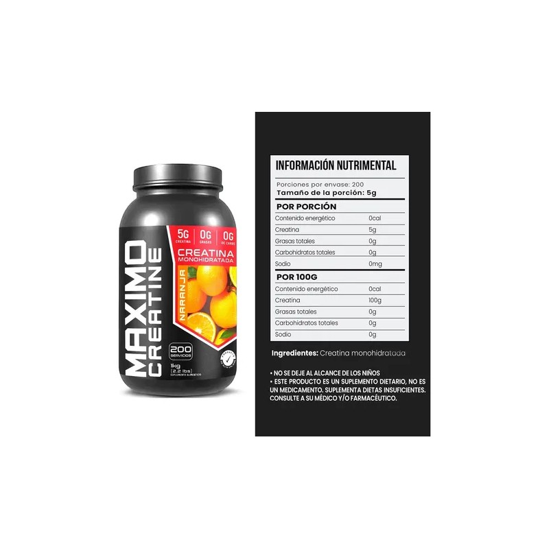Creatina Monohidratada 1kg Maximo Protein 200 Porciones