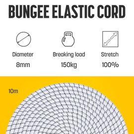 Kamu Synber Bungee Cord 8mm x 10m Elastic Shock Cord Bungee Rope for Tarpaulin, Kayak, Tie Down, Camping | White/Black