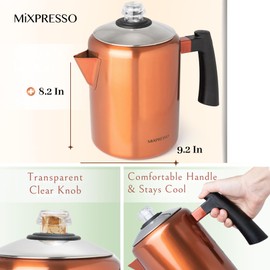 Mixpresso Copper Stainless Steel Coffee Percolator Stovetop, 37oz Classic Percolator Coffee Pot, Great For Camping Pot, 5-8 Cup Stove Top Espresso Maker, Cool-Touch Handle
