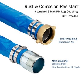 DAVCO 3" ID x 50 ft Pool Backwash Hose, Heavy Duty Reinforced Blue PVC Lay Flat Water Discharge Pump Hoses For Swimming Drain Pools and Clean Filters, with Brass NPT Pin Lug and KC Nipple Fittings