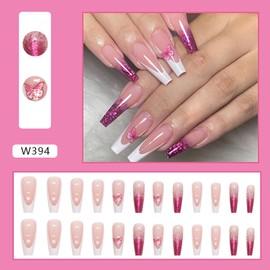 French Tips Press on Nails Medium 24Pcs Glossy Full Cover Artificial Square Fake Nails with Purple Glitter Butterfly Designs Acrylic Coffin False Nails Glue on Fingernails French False Nails for Women