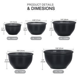 5-Piece Plastic Mixing Bowls with Lids Set for Kitchen, Nesting Bowls for Mixing, Baking, Prepping, Cooking and Serving Food, Grey Mixing Bowls Dishwasher, Microwave Safe