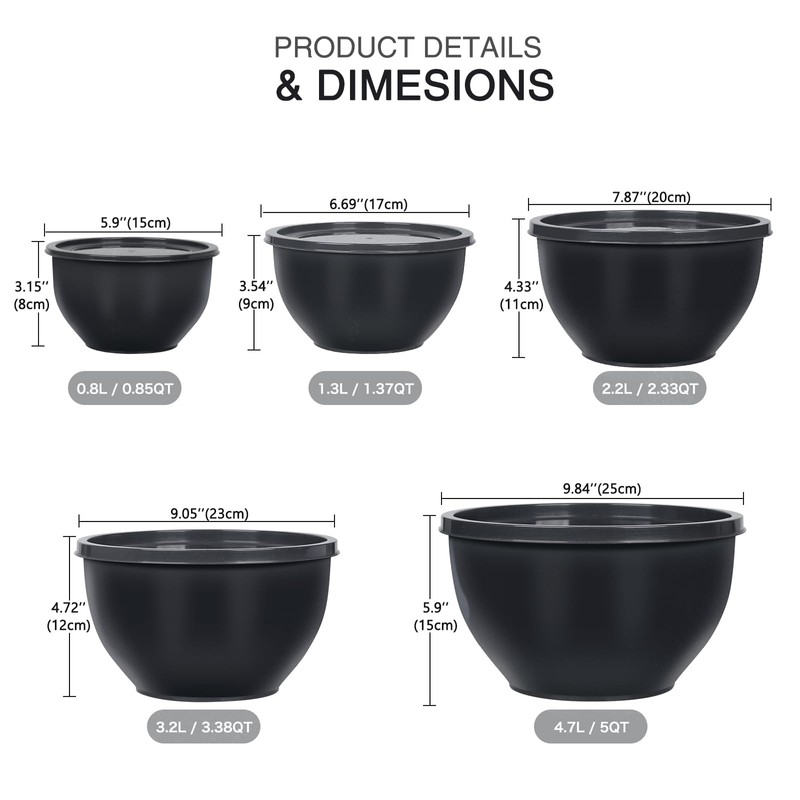 5-Piece Plastic Mixing Bowls with Lids Set for Kitchen, Nesting