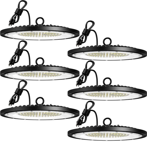 Amico LED High Bay Light 150W 21,000lm 5000K UFO LED High Bay Shop Light with UL Listed US Hook 5' Cable Alternative to 650W MH/HPS for Commercial Bay Lighting Fixture-6 Pack
