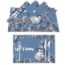 White Snowman Let It Snow Winter Placemats Set of 4, 12x18 Inch Seasonal Christmas Holiday Table Mats for Party Kitchen Dining Decoration