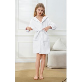 Umeyda Boys Girls Robe Soft Towel Hooded Bathrobe Kids Terry Cloth Cotton Robes with Belt, White, 4T = Tag 120