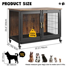 GarveeLife 37.5 Inch Dog Kennel Furniture, Heavy Duty Dog Crate Furniture with Wheels, Grid Base, Removable Tray, Latches, Indoor Farmhouse Dog Cage for Medium and Small Dogs, Brown