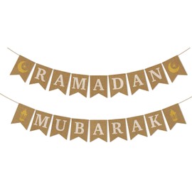 Jute Burlap Ramadan Mubarak Banner with Moon and Star Ramadan Home Mantel Fireplace Decorations Eid Mubarak Festival Decorations