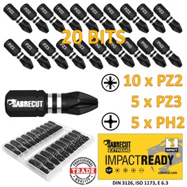 20 x SabreCut SCPB25_20 25mm PZ2 PZ3 PH2 Impact Screwdriver Driver Bits Set Single Ended PoziDriv POZI No.2 No.3 Phillips No.2 Heavy Duty Including Storage Box