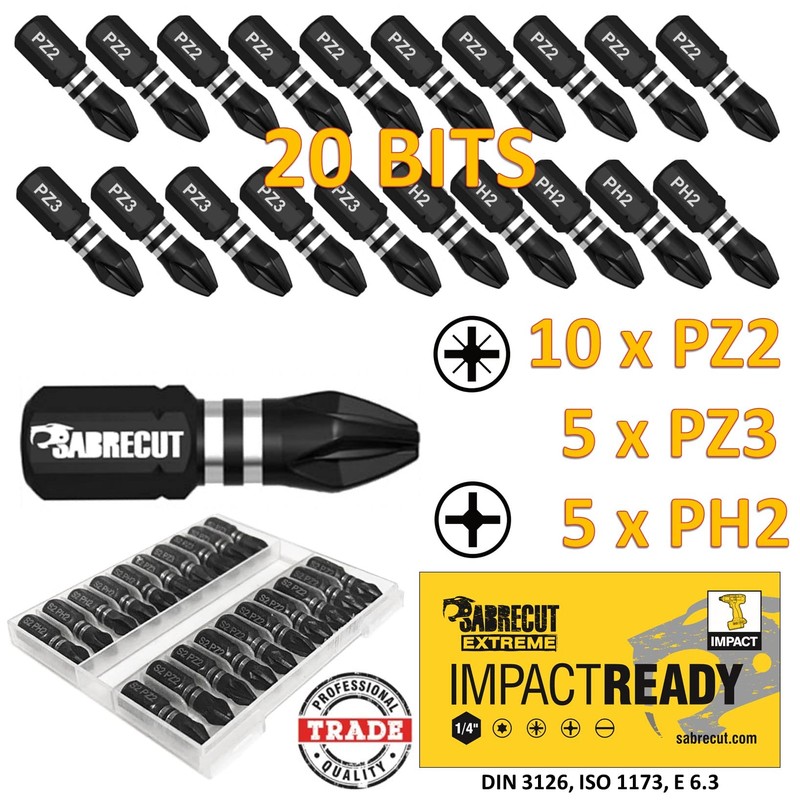 20 x SabreCut SCPB25_20 25mm PZ2 PZ3 PH2 Impact Screwdriver