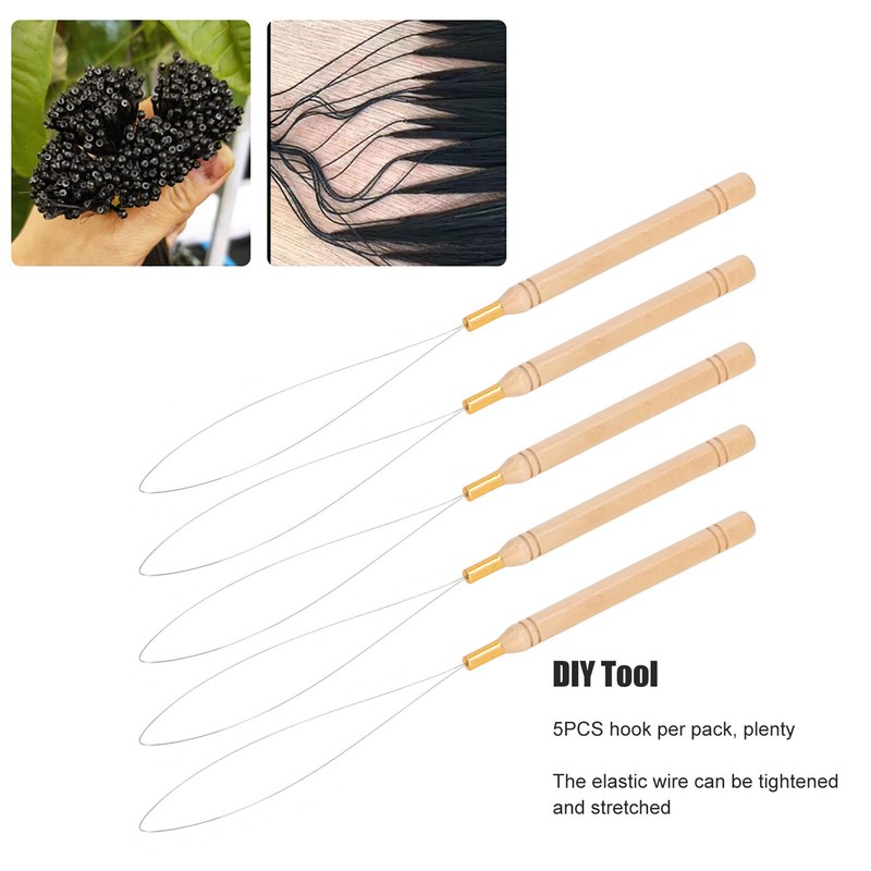 5pcs Hair Extension Loop Needle Kit Non-Slip Beech Handle Pulling