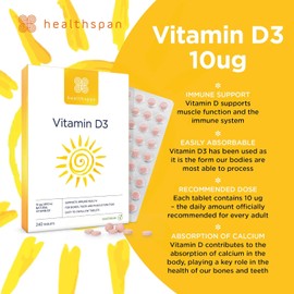 Healthspan Vitamin D3 10µg (8 Months' Supply) | Support Your Immune Health & Promotes Healthy Bones, Teeth & Muscles | Vegetarian