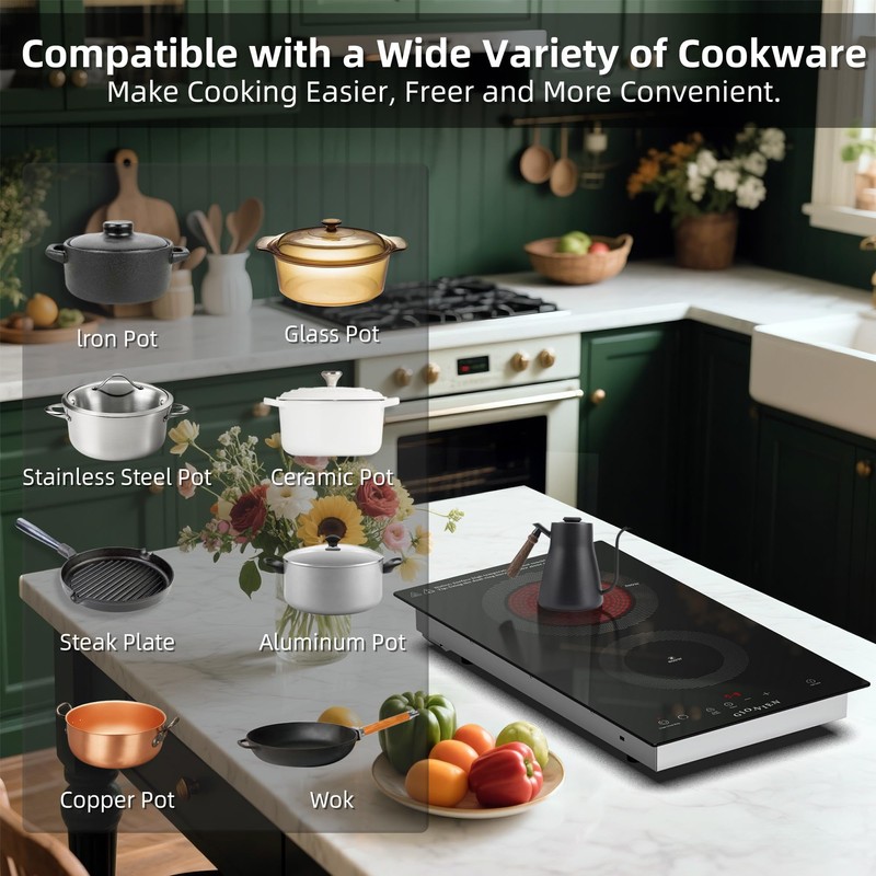Electric Cooktop 2 Burners 110V~120V, 12'' Plug in Electric Stove