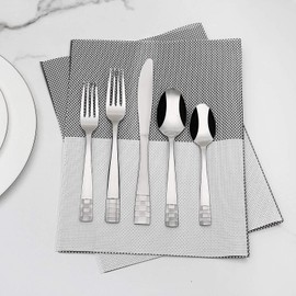 KOOMADE 2032A-D20 20-Piece Silverware Set (Dinner, Salad Fork, Knife, Spoon, Teaspoon) in Dishwasher Safe Flatware, Service for 4, CHECKERS