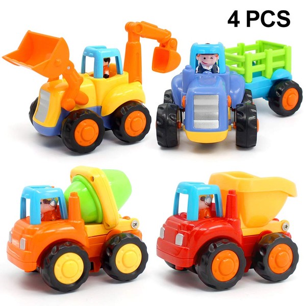 ORWINE Inertia Toy Early Educational Toddler Baby Toy Friction Powered Cars Push and Go Cars Tractor Bulldozer Dumper Cement Mixer Engineering Vehicles Toys for Children Boys Girls Kids Gift 4PCS