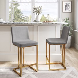 BELLEZE 24 Inch Barstools Set of 2, Upholstered Bar Stools with Gold Metal Frame, Modern Counter Height Chairs Kitchen Barstools for Home and Restaurant - Hutton (Gray)