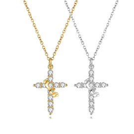 zocare Silver Gold Cross Necklace for Women,Dainty Diamond Crown Cross Necklaces, Waterproof Cubic Zirconia Pendant Jewelry, Hypoallergenic Simple Faith Jewelry Gift for Baptism,Christian