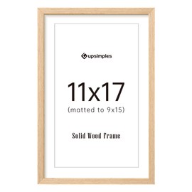 upsimples 11x17 Picture Frame, Natural Solid Wood Picture Frames, Display 9x15 with Mat or 11 x 17 Without, Vertical or Horizontal Wall Hanging, 1 Pack, Natural