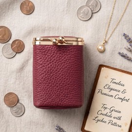 Estuche para lápiz labial con espejo, bolsa retro con cierre Kiss, organizador de maquillaje de piel vaca capa superior premium para llevar, bolsa cierre Kiss rojo vino