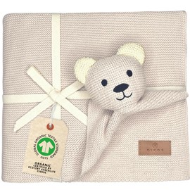DIKOS® Original Babydecke SCHMUSE-Bär (Naturbeige) 100% GOTS Bio Baumwolle Neugeborenen Decke Mädchen/Junge Strickdecke Schmusedecke Kuscheldecke Baby Erstausstattung Babygeschenk Geschenk zur Geburt
