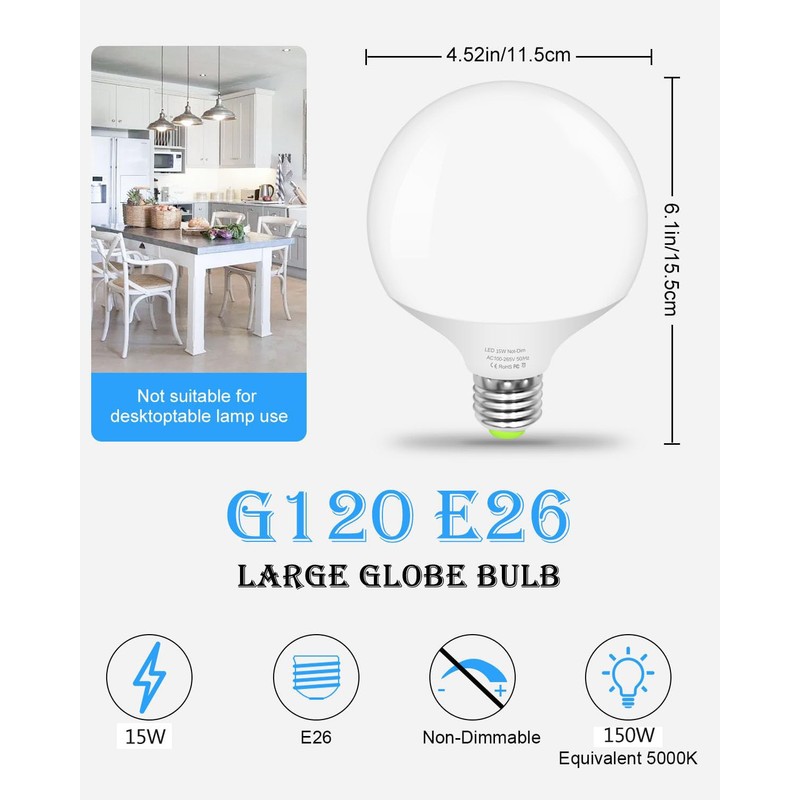 TRIJZHOU LED Light Bulb, G120 Large Globe Bulb, 15W(150W 200W