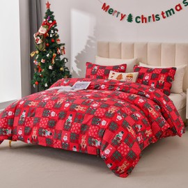 3Pcs Christmas Duvet Cover Set King Size Christmas Bedding Holiday Xmas Plaid Patchwork Decor Microfiber Duvet Cover Bedding Soft Reversible Christmas Duvet Cover Set with Zipper and 2 Pillowcases