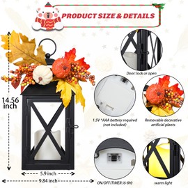 Fall Lanterns Decorative Indoor Outdoor, 2 Pack Black Metal Thanksgiving Lantern, 14.56 Inch Timer Harvest Autumn Candle Rings Flameless Lights with Pumpkin and Maple Leaf for Home, Farmhouse Decor