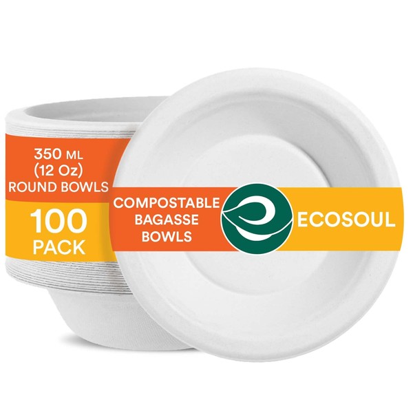ECO SOUL Pearl White 12 Oz [100-Pack] Bagasse Paper Bowls (PFAS Free) | Biodegradable 100% Compostable | Microwavable | Hot & Cold Safe | Small Servings | Eco-Friendly Disposable Heavy Duty Bowls