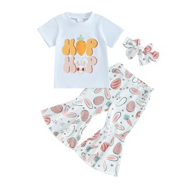 Kupretty Easter Outfits for Toddler Girls Clothes Bunny T-Shirt Tee Tops + Flare Pants + Headband Baby Bell-bottoms Set (A White, 12-18 Months)