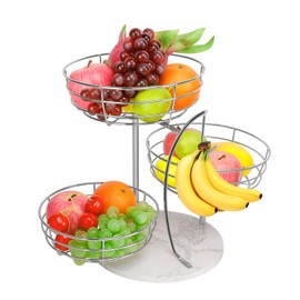 Livabber Fruit Basket Bowl with Banana Hanger, Metal Fruit Vegetable Storage Basket with Banana Holder for Kitchen Counter, Detachable Organizer for Bread Snack Produce (Chrome, 3-Tier Marble Base)