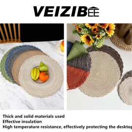 VEIZIBEE Table Mats， Heat Resistant Braided Placemats Lace meal mat Washable Anti Slip Round Place Mats for Kitchen Dining Table European Style，Hand Woven Fabric Table Mats of Ramie (Milk-Coffee,38cm