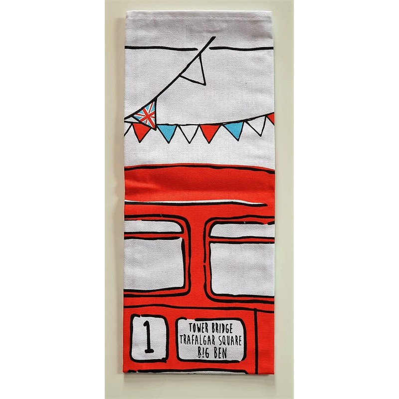 London Bus Souvenir Tea Towel Red Routemaster Cartoon Sketch White